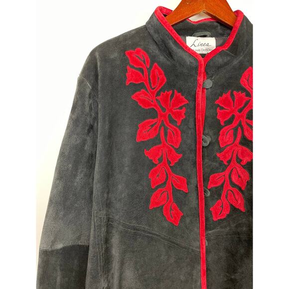 Womens Suede Jacket Black Red Floral Medium Linea by Louis Dell’Olio - Picture 2 of 12